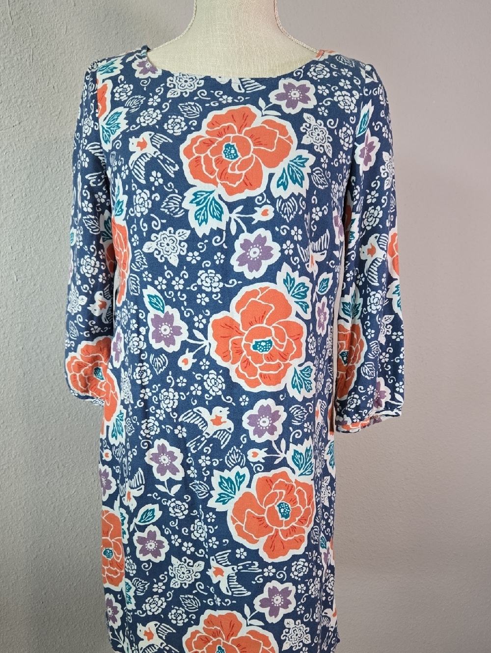 Old Navy Navy Floral 3/4-Sleeve Shift Dress with Coral Blooms